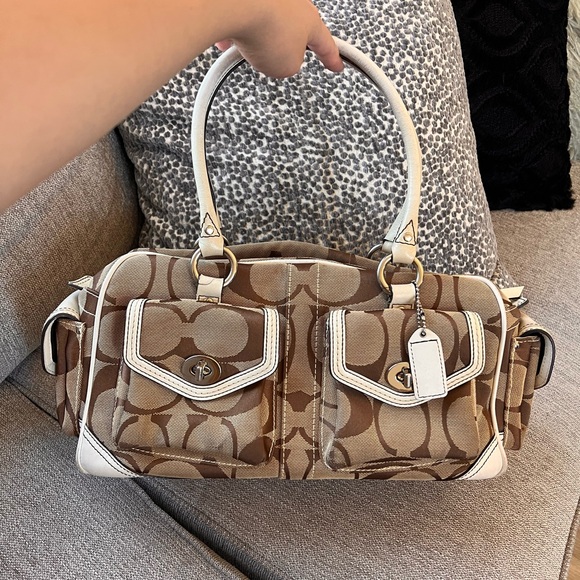 Coach Signature Monogram Legacy Turnlock Canvas Exterior Satchel Beige Bag - Picture 1 of 10